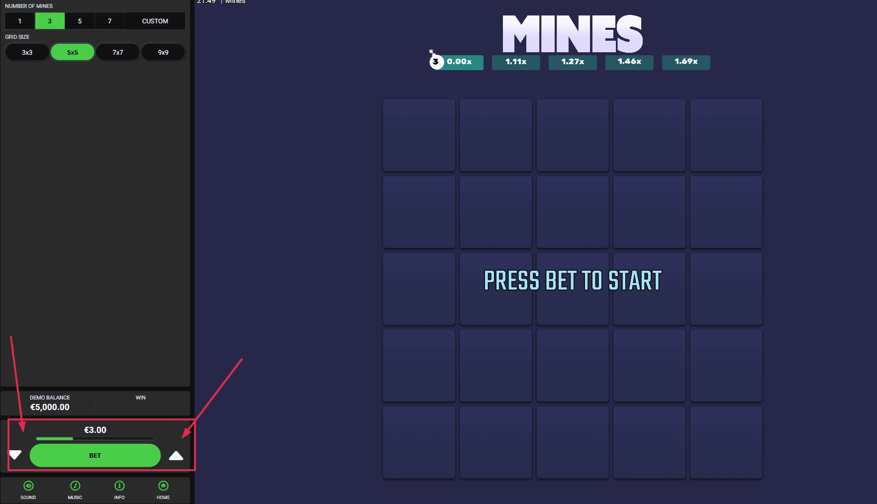 Select Your Bet Size in Mines Dare 2 Win