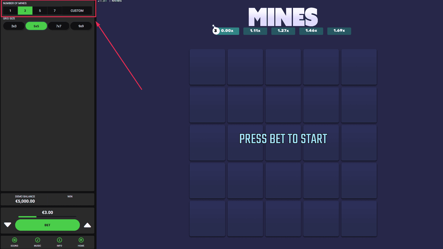 Set the Number of Mines in Mines Dare 2 Win